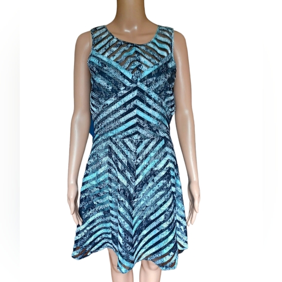 Parker Womens Sleeveless Aline Dress Knee Length Silver Black Geometric Large - Picture 7 of 10